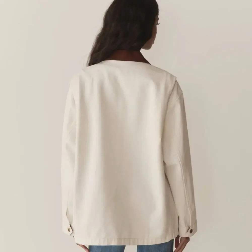 NWT Doen Pascual Cotton Denim Jean Corduroy Collar Button Barn Jacket Salt White